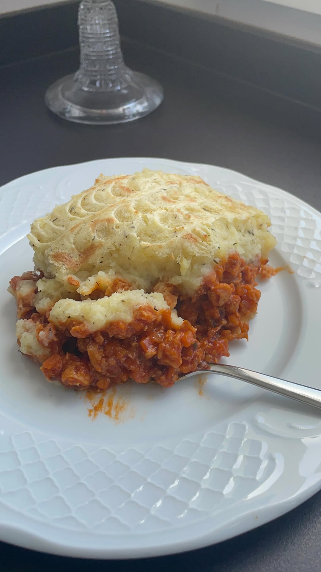 Pastel de patata y boloñesa de soja texturizada