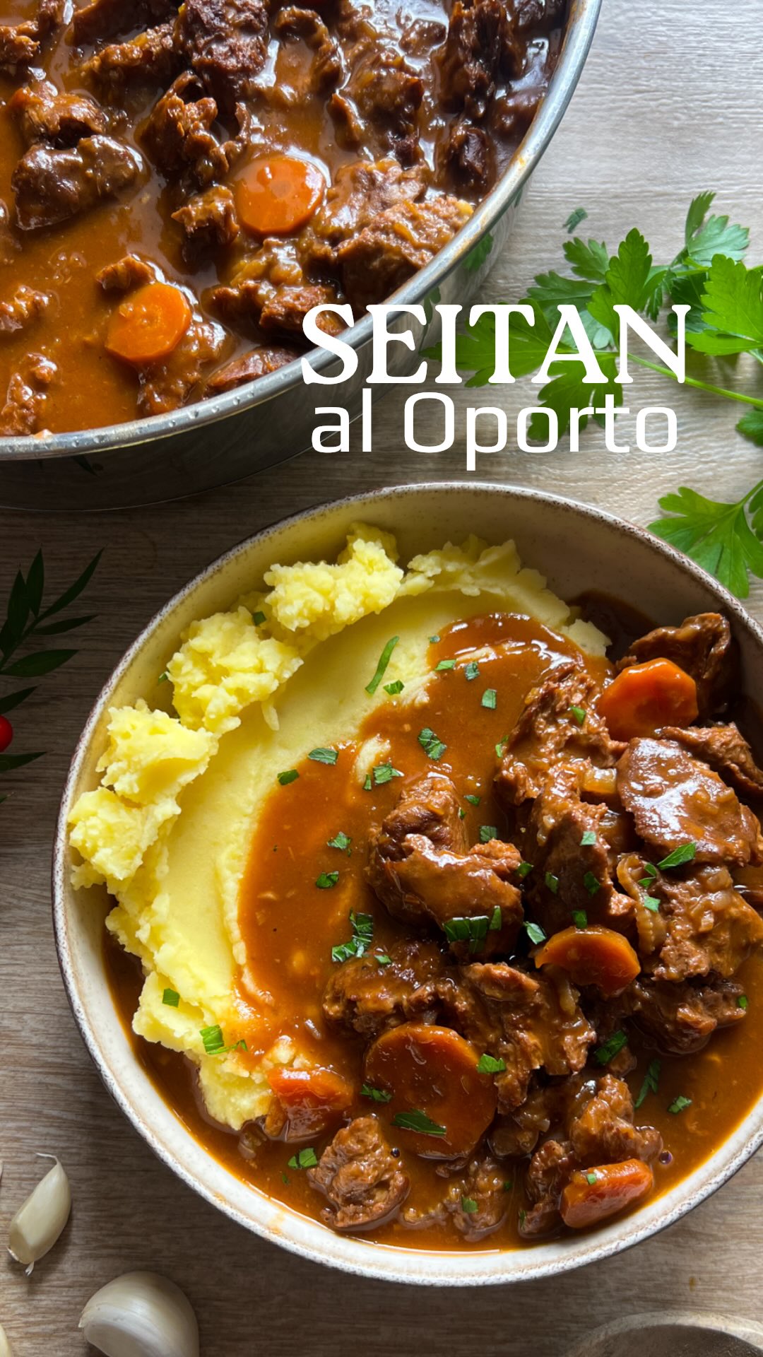 Seitán al oporto con puré de patata